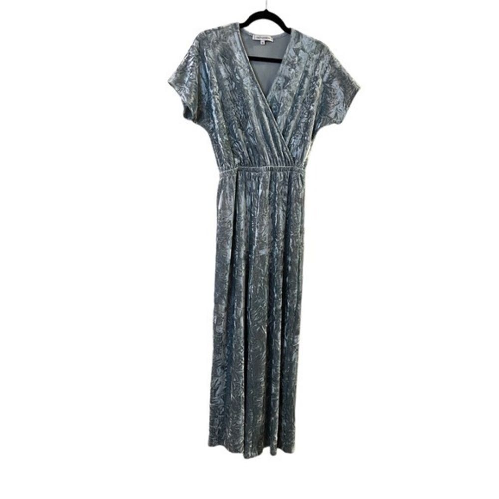 The Vanity Room Light Aqua-Blue Crushed Velvet Surplice Short Sleeved Jumpsuit